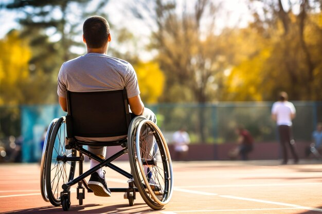 Een gehandicapte man in een rolstoel op een basketbalveld Sport voor gehandicapten Actief leven