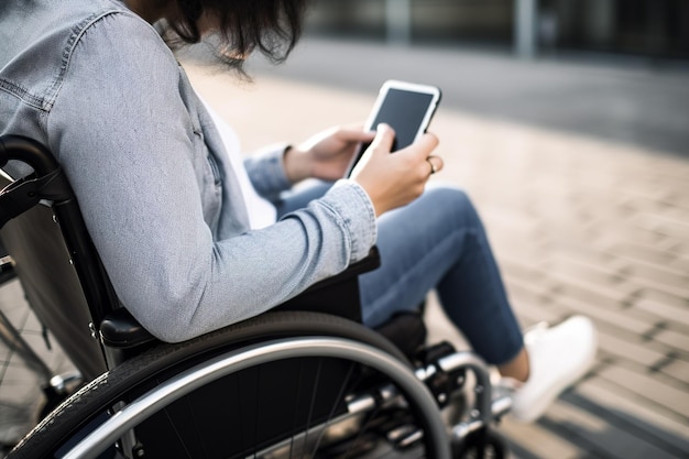 Een gehandicapte persoon die in een rolstoel zit, houdt een smartphone vast en schrijft een bericht Generative ai