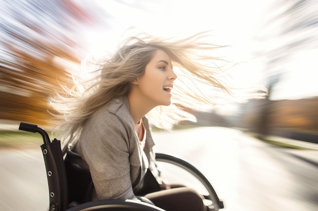 Foto een gehandicapte vrouw in een rolstoel met haar haar geblazen in de wind snelheid en beweging dorst naar leven en succes in de open lucht