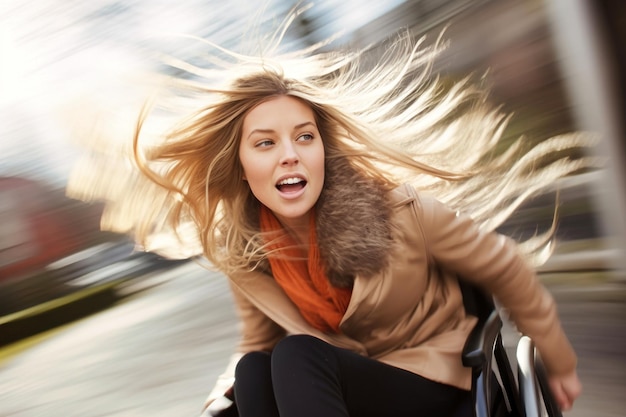 Een gehandicapte vrouw in een rolstoel met haar haar in de wind, versnelling en beweging, dorst naar leven en succes in de open lucht.