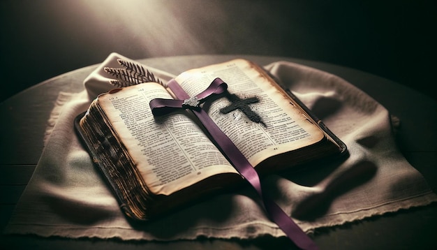 Een geïllustreerde open bijbel met een paarse lintboekje voor Aswoensdag