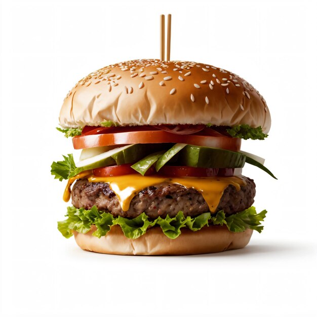 Een geïllustreerde realistische hamburgerburger op een afgelegen witte achtergrond