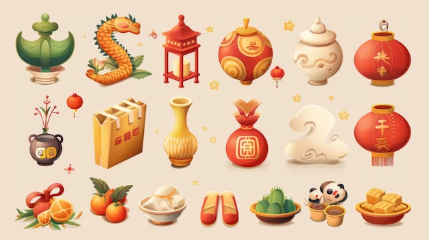Een geïllustreerde set van Chinese nieuwjaarsmarktelementen geïsoleerd op beige achtergrond