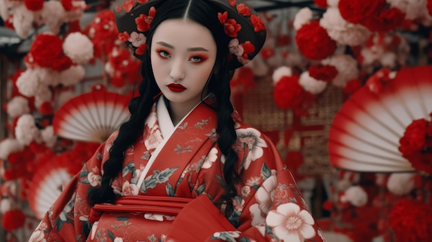 Een geisha in een rode kimono staat voor een rode waaier met het woord geisha erop.