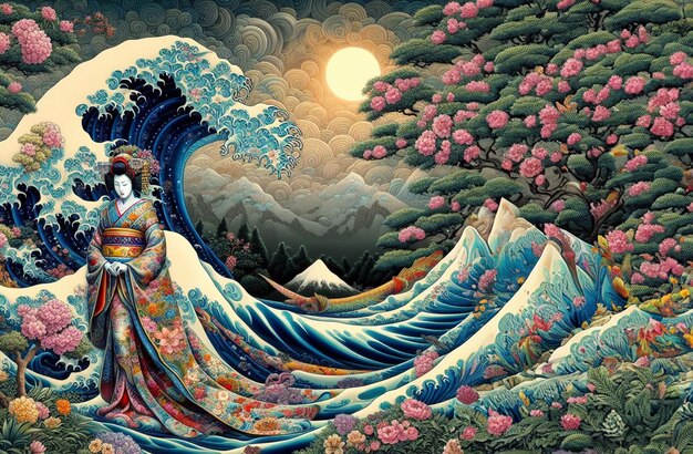 Een geisha in het midden van gestileerde tsunami's op zeegolven en kersenbloesems die oude Japanse kunst oproepen