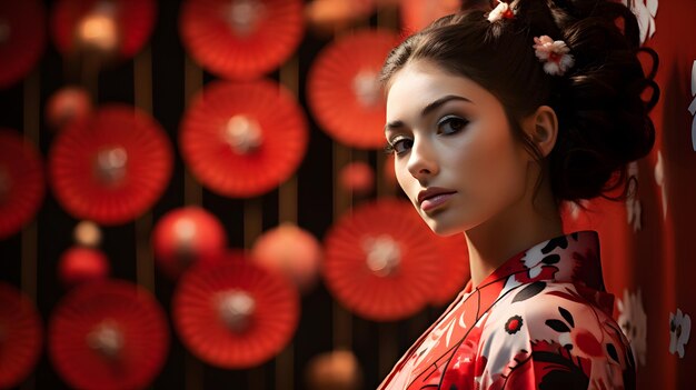 Foto een geisha met ingewikkelde kimono-patronen als achtergrond tijdens een traditionele dansvoorstelling