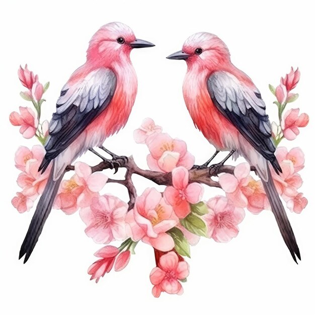 Een geïsoleerde aquarel vogel en bloem illustratie op witte achtergrond Illustratie Generatieve AI
