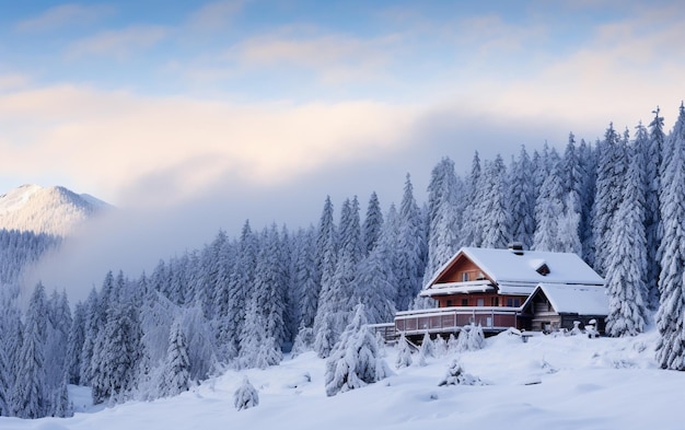 Een geïsoleerde houten huisje te midden van besneeuwde naaldbomen