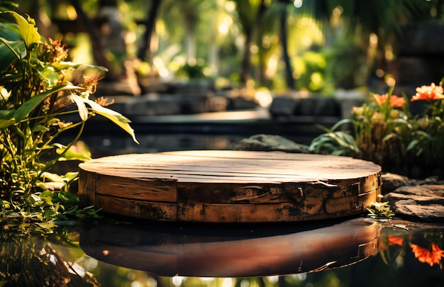 een geïsoleerde houten plaat zit op een houten tafel in de zomertuin