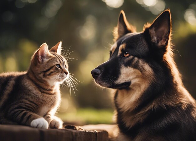 Foto een geïsoleerde opname van een hond die knuffelt met een kat in de tuin