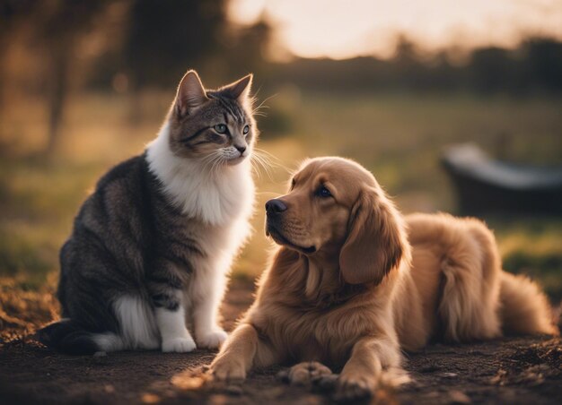 Foto een geïsoleerde opname van een hond die knuffelt met een kat in de tuin