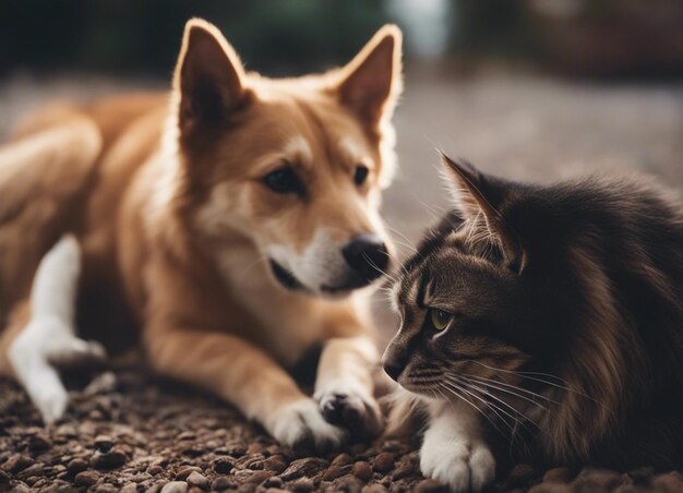 Foto een geïsoleerde opname van een hond die knuffelt met een kat in de tuin