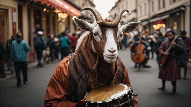 Een geit die een muziekinstrument speelt in een straatband