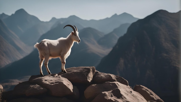 Een geit die op een berg staat