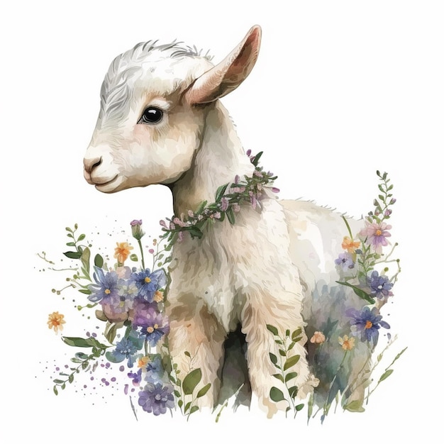 Een geit met een krans om zijn nek staat in een bloemenveld.