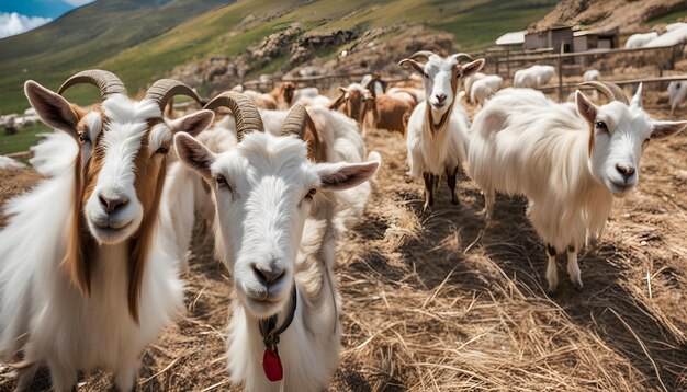 een geit met een tag op zijn oor staat in een veld met andere geiten