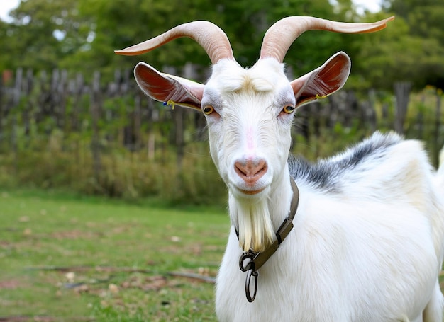 Een geit met hoorns en een halsband zit op een groen grasveld