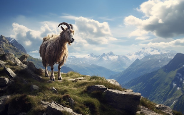 een geit op een berg met bergen op de achtergrond