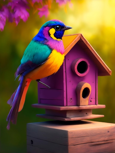 Een gekleurde vogel bij een vogelhuis op een houten zuil op een zonnige dag