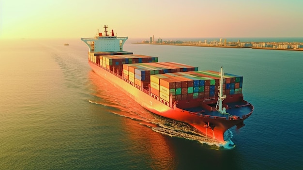 Een geladen containervrachtschip dat over een kalme oceaan vaart, van bovenaf gezien GENERATE AI