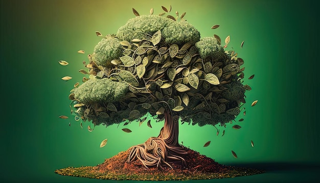 een geldboom groeit uit stapel geld op groene achtergrond