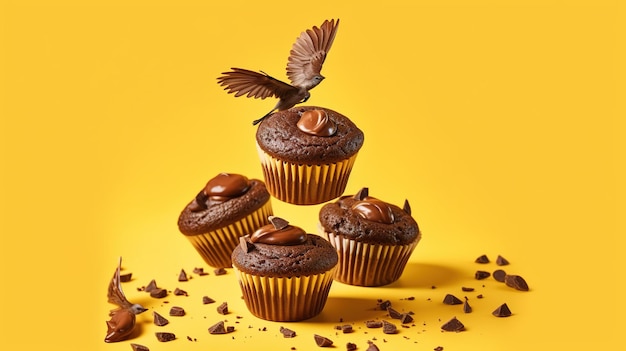 Een gele achtergrond met cupcakes waar een vogel overheen vliegt.