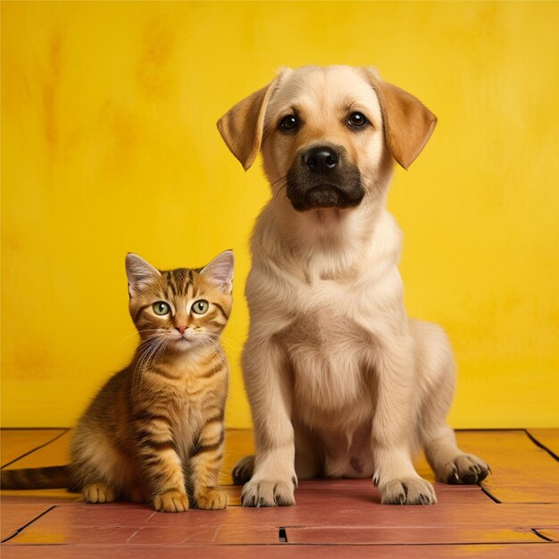 Een gele achtergrond met een puppy en een kat