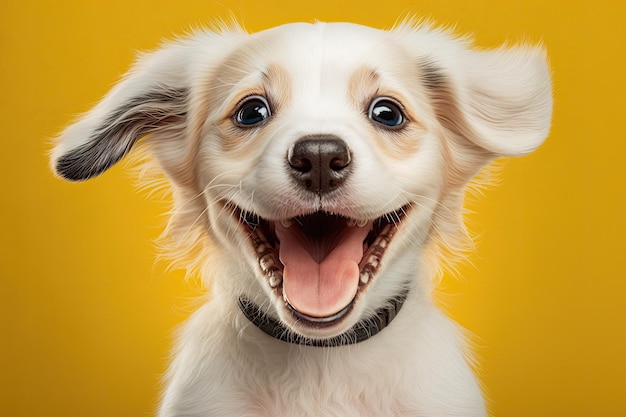 Een gele achtergrond met een vrolijke puppyhond erop