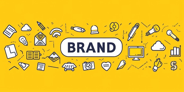 Een gele achtergrond met het woord BRAND in grote vetgedrukte letters in het midden en omringd door iconen die verschillende marketingelementen vertegenwoordigen