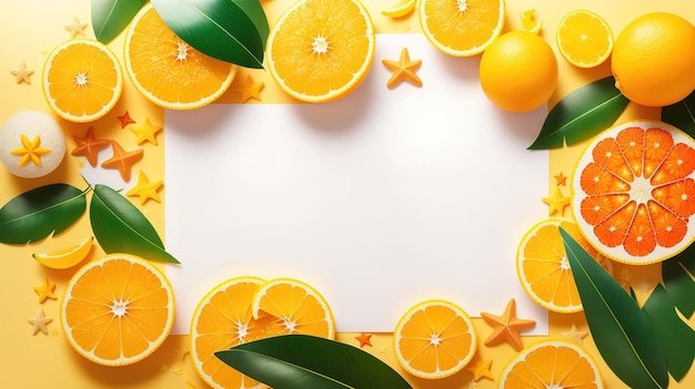 Een gele achtergrond met sinaasappels en zeesterren erop