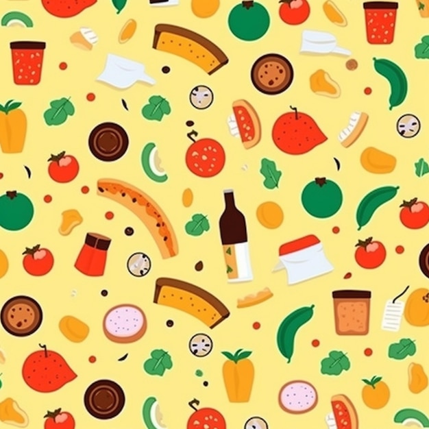 een gele achtergrond met verschillende soorten voedsel en dranken generatieve ai