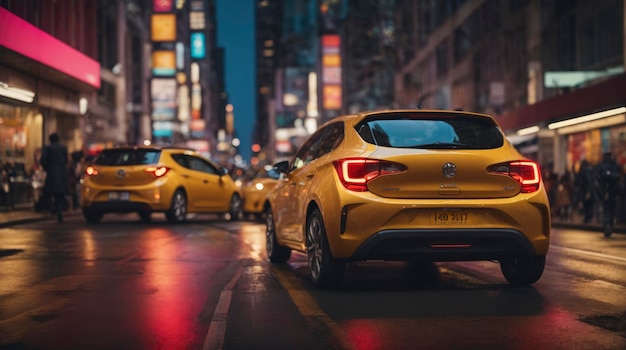 een gele auto die 's nachts door een stadsstraat rijdt terwijl mensen rondlopen