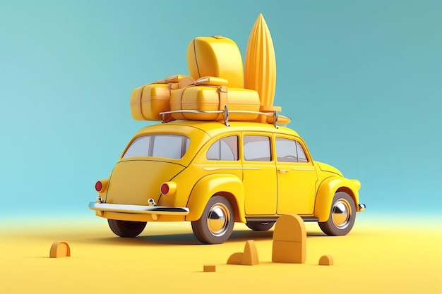 Een gele auto met bagage erop