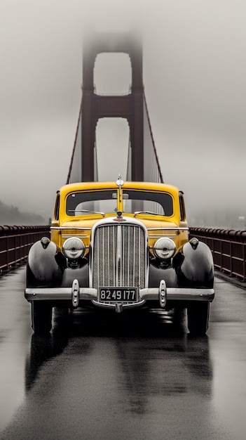 Een gele auto met kenteken b4 4577 op een brug.