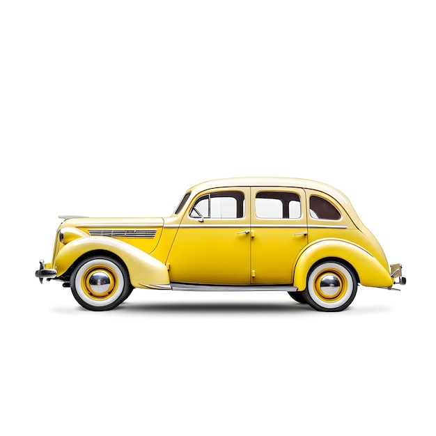 Een gele auto met witte wielen