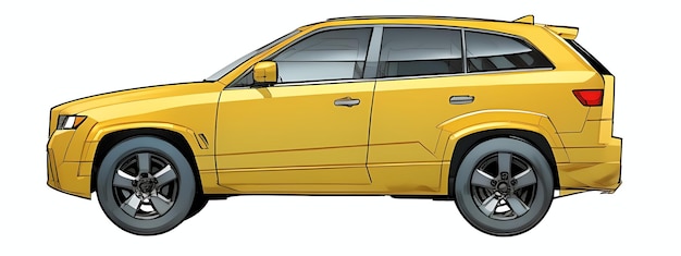 Een gele auto wordt weergegeven in cartoonstijl met een witte achtergrond en een zwarte omtrek op de voorkant van de AI