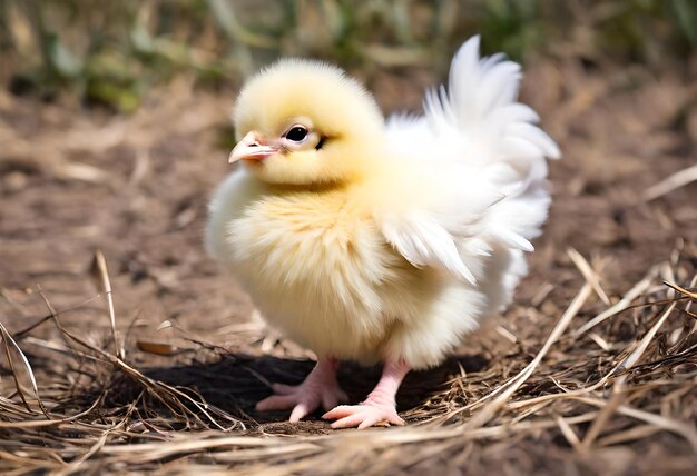 een gele baby kip staat op de grond voor een stapel stro