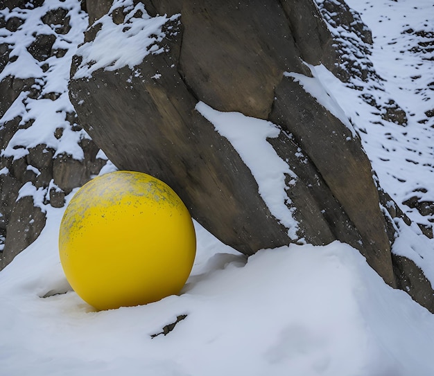 Een gele bal zit in de sneeuw naast een rots.