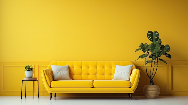 Een gele bank met twee lichte kussens tegen een gele muur Minimalistisch interieur