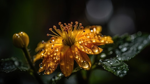 Een gele bloem met waterdruppels erop