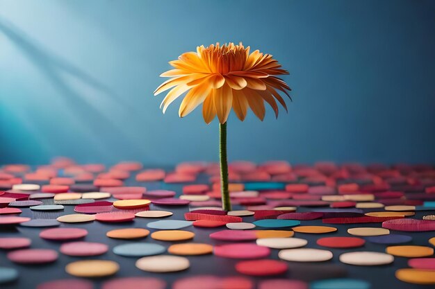 Foto een gele bloem staat op een kleurrijk oppervlak waarachter de zon schijnt.