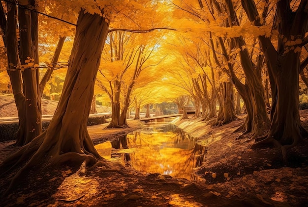 een gele bomen worden getoond in het herfstblad in de stijl van de Japanse traditionele