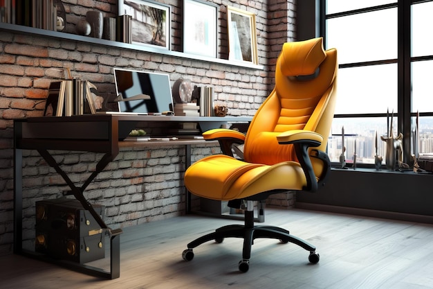 Een gele bureaustoel die voor een raam zit Generatief AI-beeld