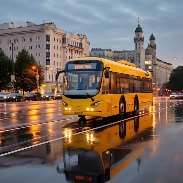 een gele bus die de straat af rijdt