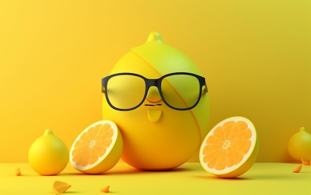Een gele citroen met bril en een citroengezicht