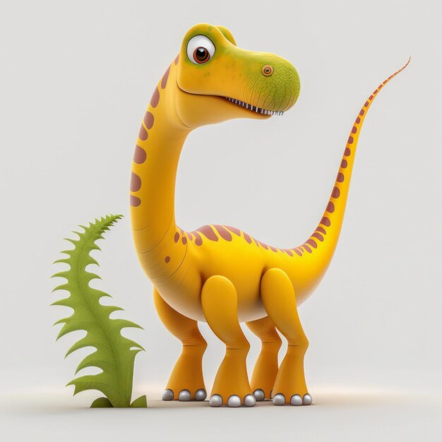 Een gele dinosaurus met een groen blad in zijn nek staat naast een gele dinosaurus.