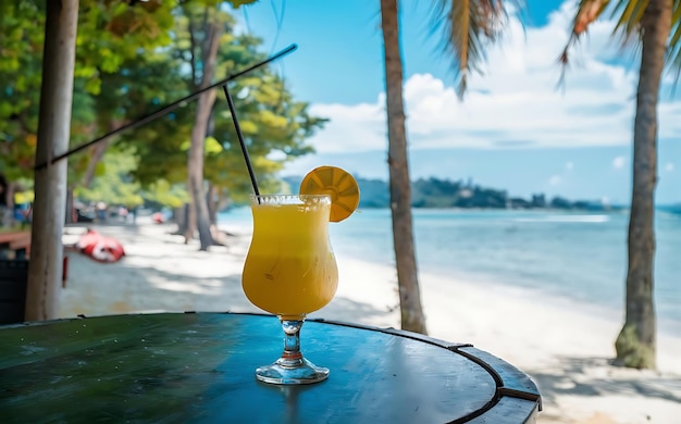 Een gele drank cocktail half klaar op een tafel in een buitenbar op een strand in Sri Lanka
