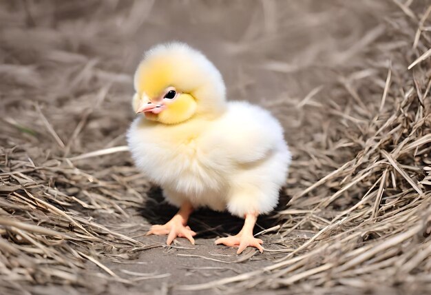 een gele eend staat in een nest met hooi