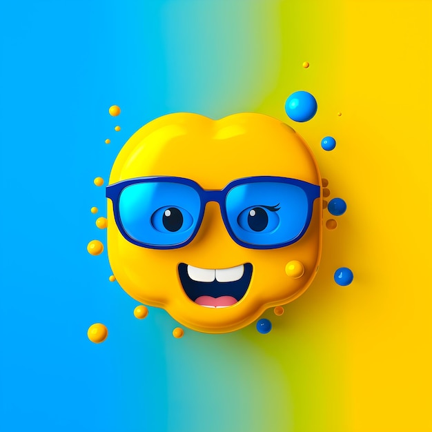 Een gele emoticon met bril en een blauw gezicht.