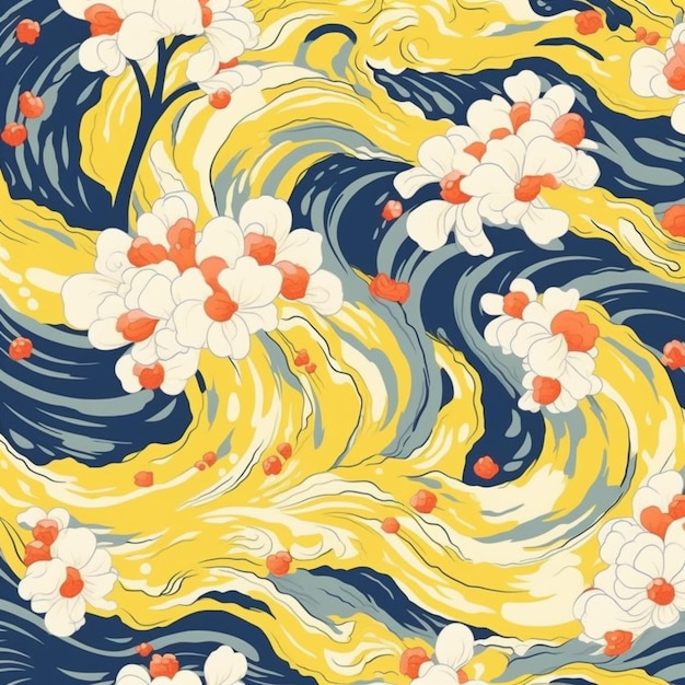 Een gele en blauwe achtergrond met bloemen en golven generatieve ai